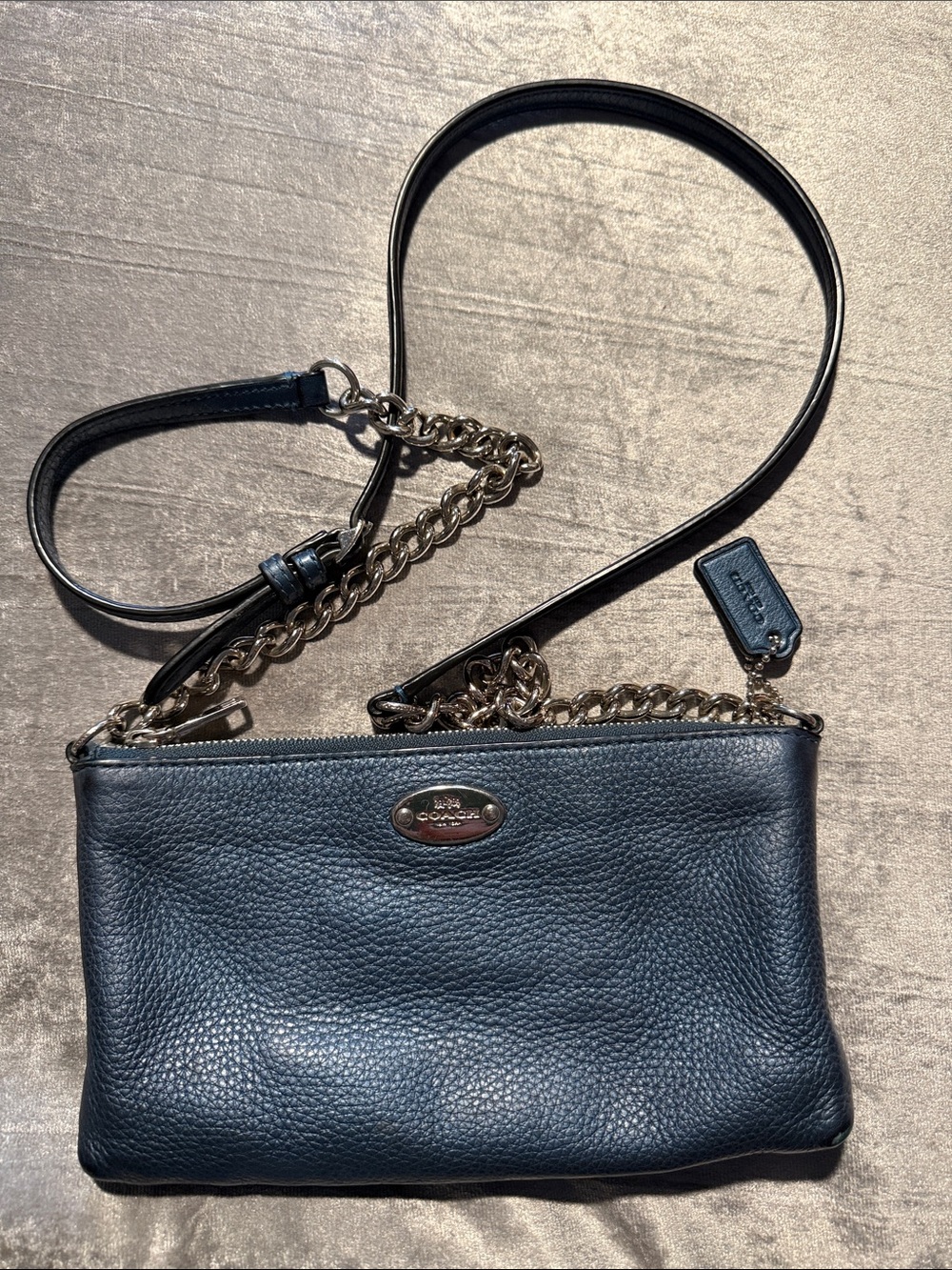 Coach Pebbled Leather Crossbody in Steel Blue with Chain Strap